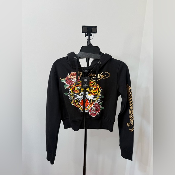 Ed Hardy Black Hoodie and Shorts Tracksuit Set with Tiger Design - Picture 2 of 7